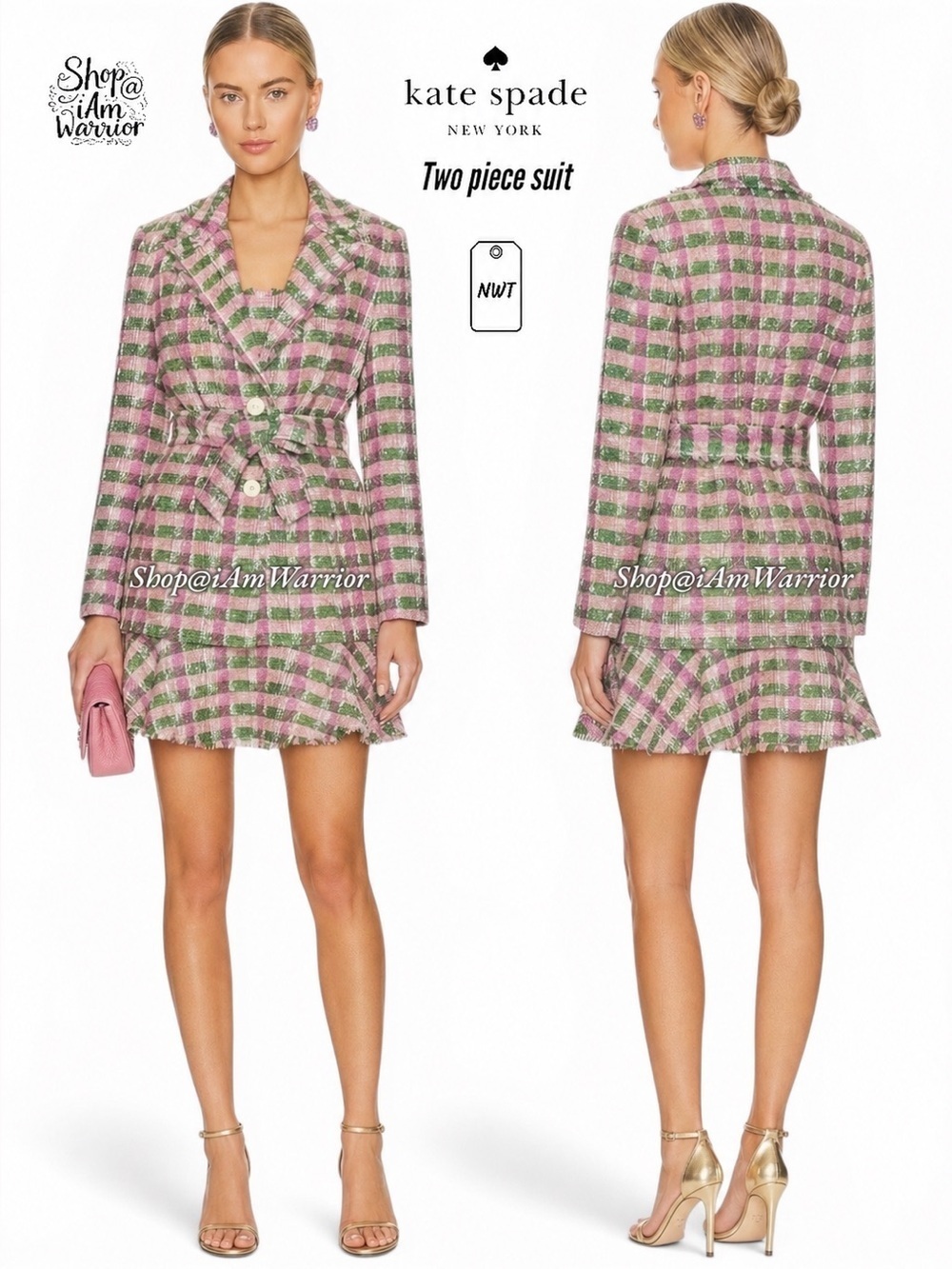 Kate Spade NWT preppy plaid fringe tweed 2 piece suit: belted blazer + dress